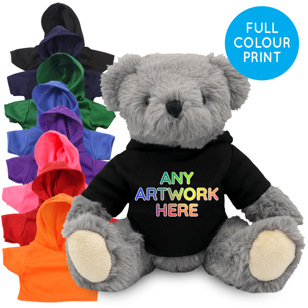 Promotional Jointed Archie Bear in Printed Coloured Hoody - Branded Soft Toys - Large Teddy Bear